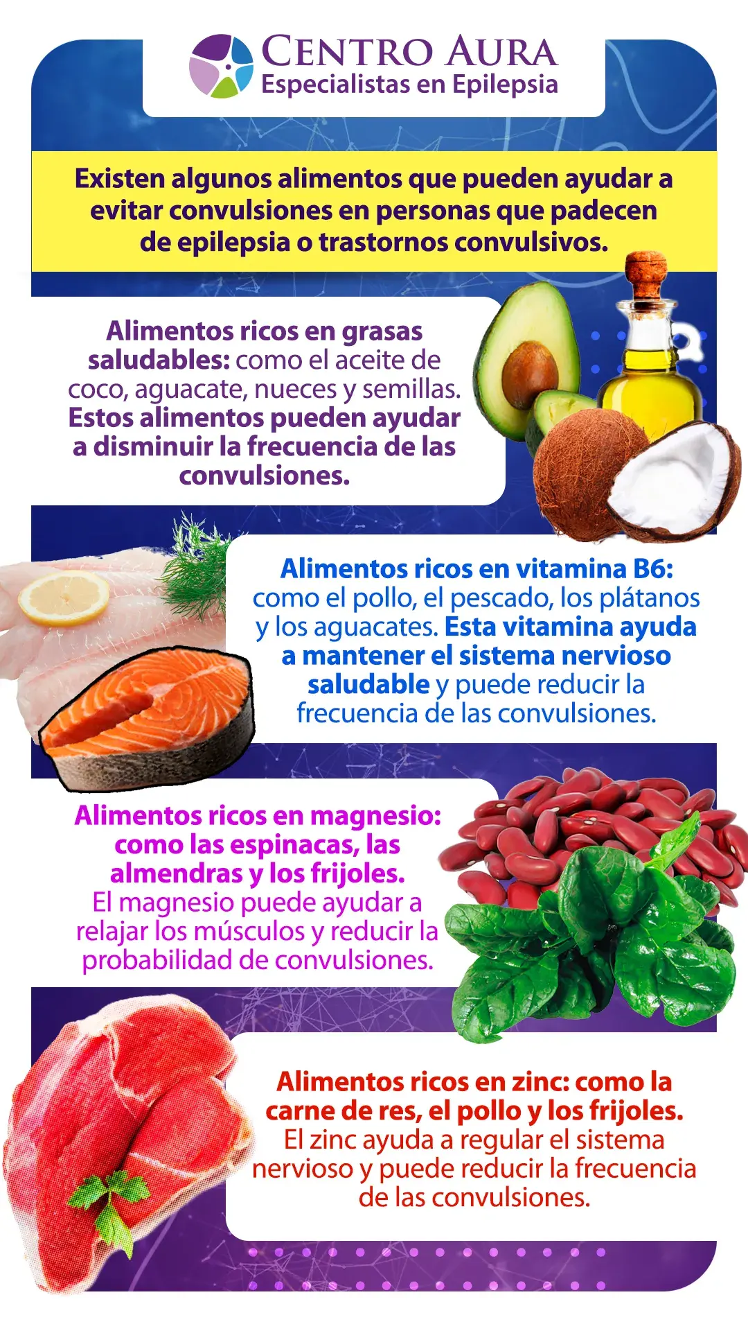 Alimentos para evitar convulsiones Alimentos para evitar convulsiones (alimentos ricos en grasas saludables, vitamina B6, magnesio, zinc)